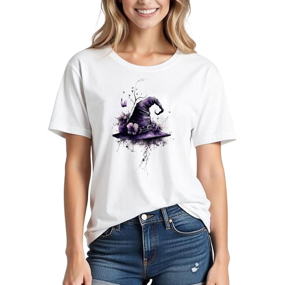 Mifsaly Womens Halloween Graphic T-Shirts Floral Witch Hat Print Crew Neck Short Sleeve Cotton Tops Casual Fall Festival Holiday Party Costume Tee White,XXL