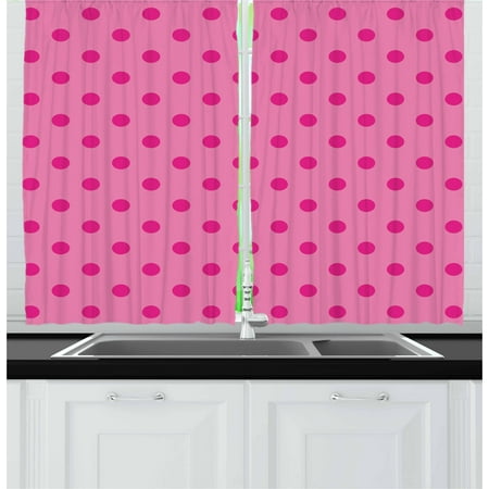 Hot Pink Plaid Design - Hot Pink Curtains 2 Panels Set, Classical Simplistic Pattern Design with Small Pink Dots Spots Girlish Style, Window Drapes for Living Room Bedroom, 55W X 39L Inches, Pink Hot Pink, by Ambesonne