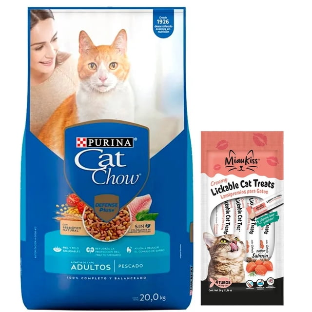 Cat Chow Adulto Pescado Defense Plus 20 kg + MIAUKISS LICKABLE SALMON 4 PACK 56GR