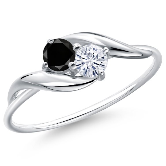 Gem Stone King 10K White Gold Round Black Diamond and White Moissanite Ring for Women (0.33 Cttw, Round 3.5MM, Gemstone April Birthstone, Size 9)