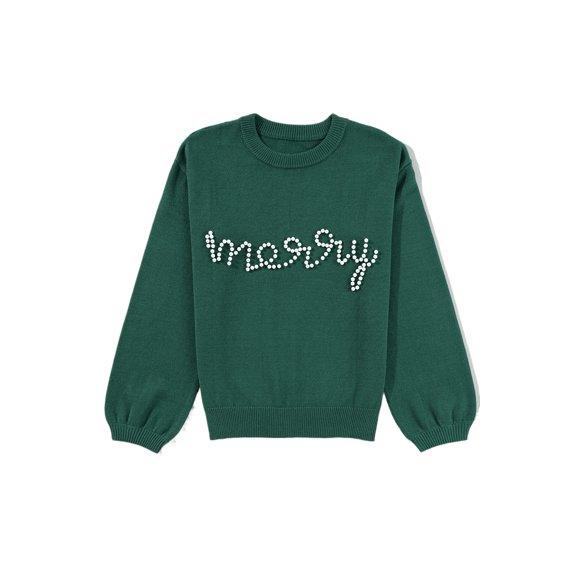 Women's Blackish Green Pearl Beaded Merry Christmas Casual Sweater - [ZhiHiMeRi] | (US 20-22)2XL