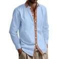thumbnail image 2 of Men's Casual Long Sleeve Linen Shirt Bohemian Loose Lapel Cardigan for Spring Fall Relaxed Wear,Sky Blue,3XL, 2 of 9