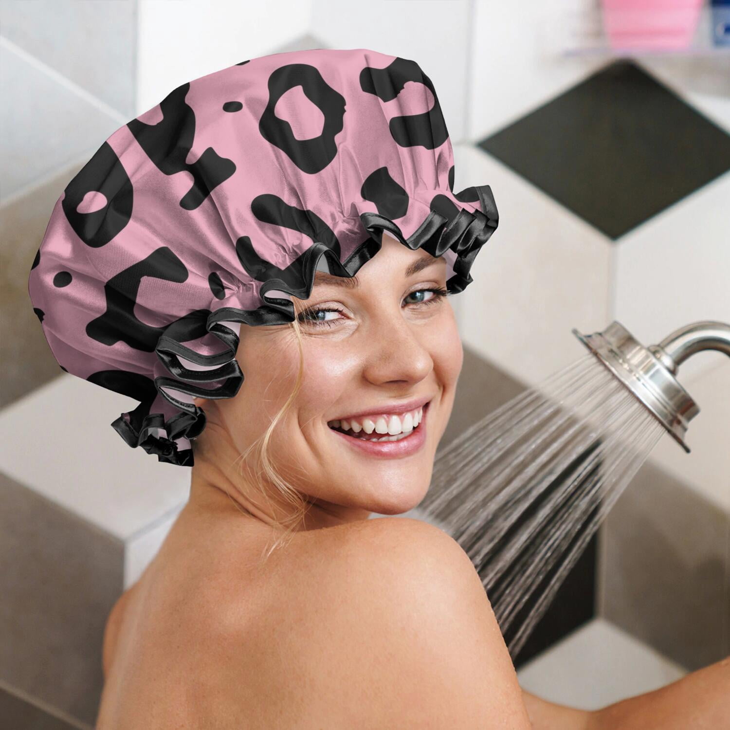 Shower Caps,Pink and Black Of Leopard Print Waterproof Shower Cap for Women 4 Pieces,Double Reusable Hair Cover for Shower PEVA Elastic Stretch Hem