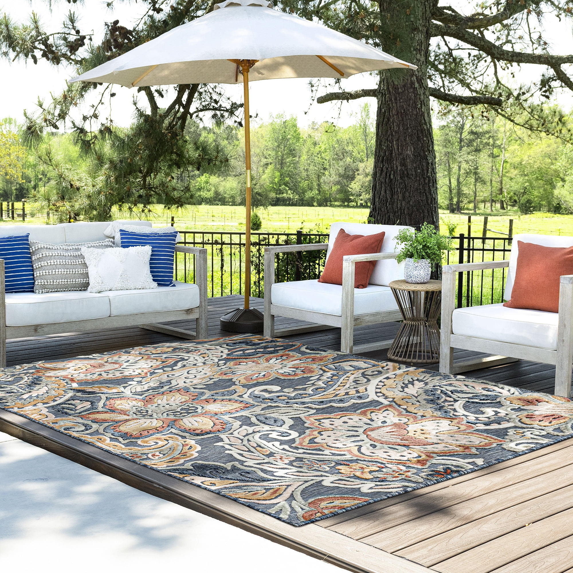 8x10 Water Resistant, Large Indoor Outdoor Rugs for Patios, Front Door Entry, Entryway, Deck, Porch, Balcony | Outside Area Rug for Patio | Dark Blue, Floral | Size: 7'7'' x 10'3''