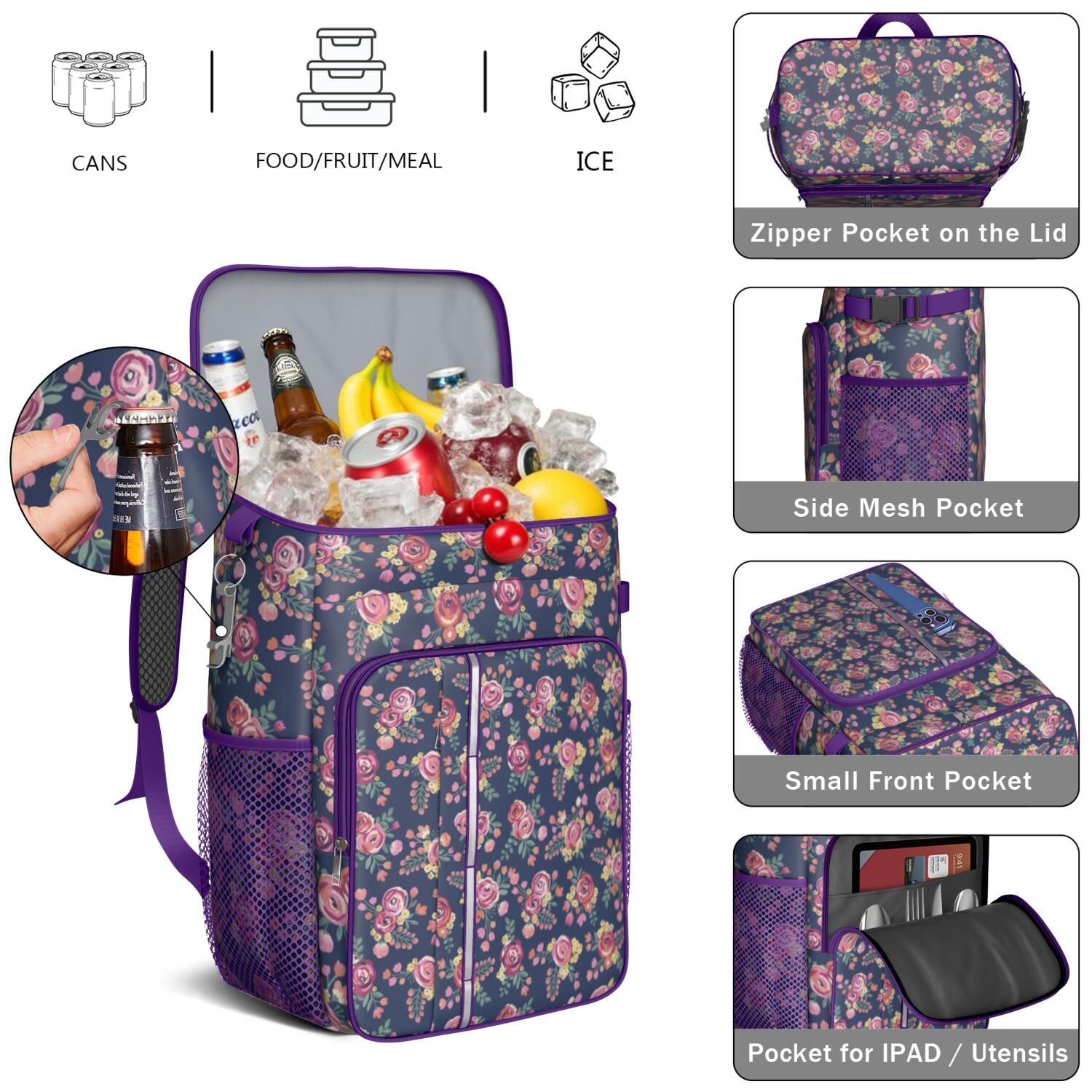 Travel Cooler Bag - Pioneer Flower Floral Print Pattern Camping Beer Cooler Backpack with Bottle Opener- Waterproof Insulated Picnic Backpacks - Cooler Bag for Beach