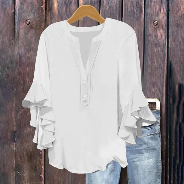 mfyjkho Tops Bohemios Para Mujer, Blusa Holgada Informal De Color Liso Con Botones Y Escote En V Y Mangas De Encaje 3/4 Para Mujer Tops Para Salir Para Mujer Xxl