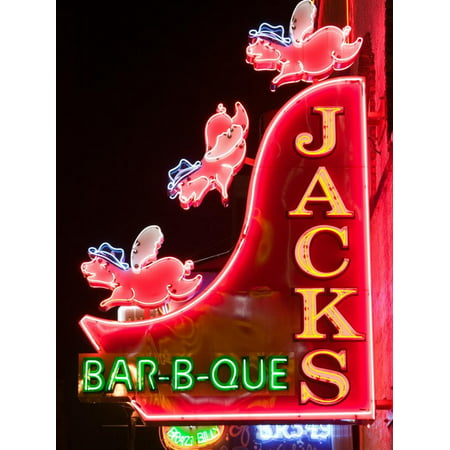 Neon Sign for Jack's BBQ Restaurant, Lower Broadway Area, Nashville, Tennessee, USA Print Wall Art By Walter