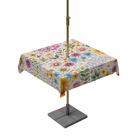 Outdoor Tablecloth with Umbrella Hole and Zipper, Sunflower Vintage Square Table Cloth 54x54 Inch Waterproof Tablecloth, Colorful Flowers Summer Botanical Retro Art Picnic Table Cover for Patio