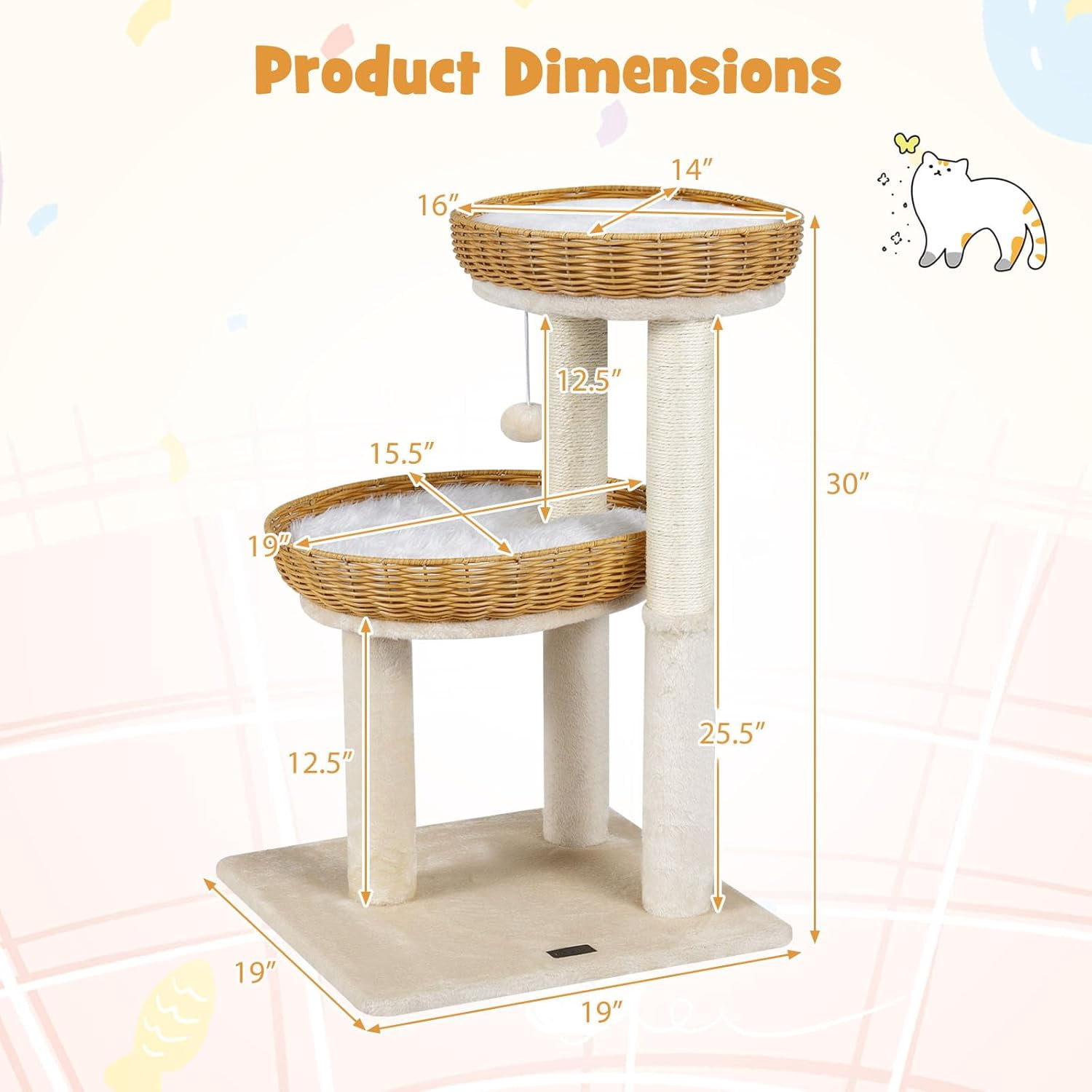 Hejuchuangli 30-inch Small   Cat Tree, Multi-Level Cute Cat Tower with Sisal Scratching Posts, 2 Comfy Large Perches with Soft Removable Pads, and Hanging Ball, Ideal for Indoor Cats and Kittens