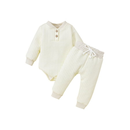 

Canrulo Newborn Baby Boy Girl Clothes Solid Color Long Sleeve Romper Tops Pants Set Warm Fall Winter Outfits Apricot 6-12 Months