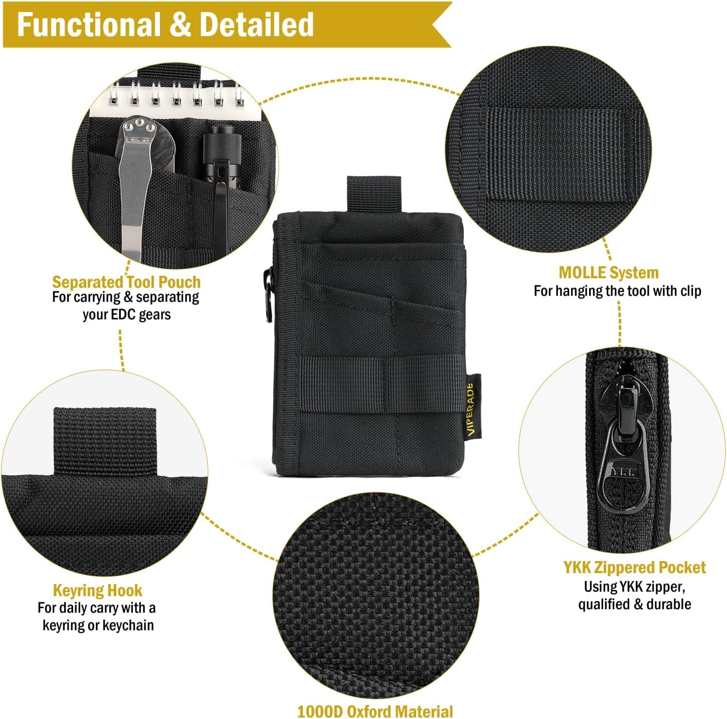 VIPERADE 6-in-1 EDC Pouch, 500D Compact EDC Pocket Organizer, Molle Extension Tool Storage Bag, Small Coin Purse/Card Holder/Swiss Army Knife Pocket Pouch (Black)