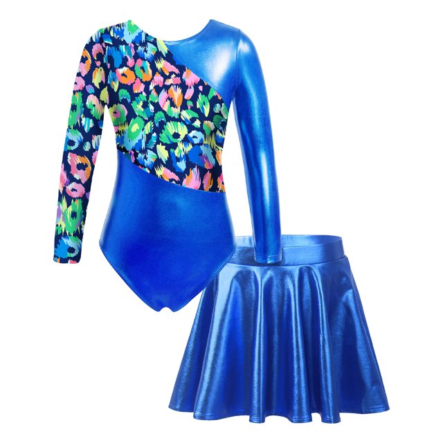 Yhong Combinaison de Danse Ballet à Manches Longues Imprimée pour Filles avec Jupe Trapèze Bleu Royal 8