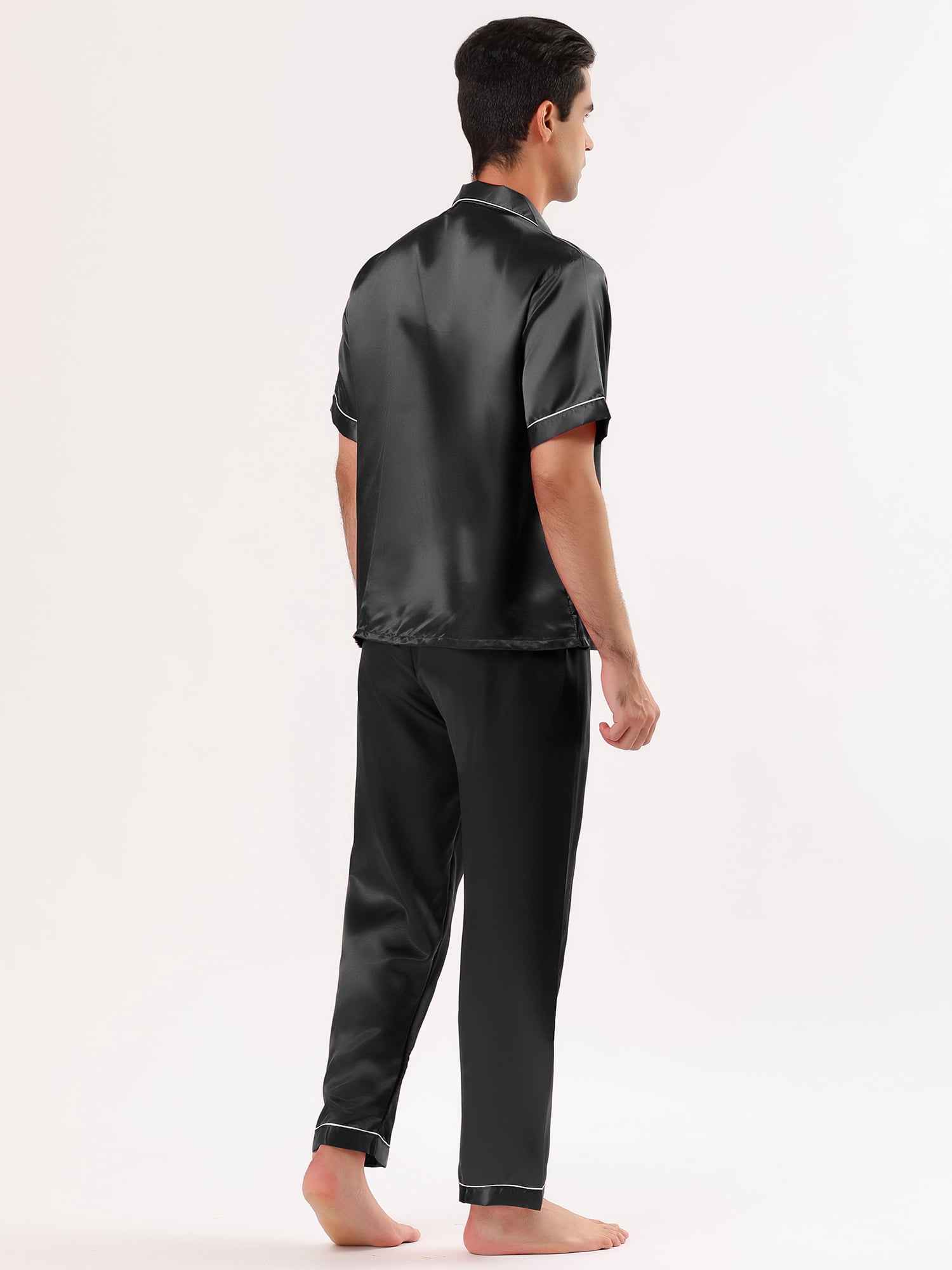 Unique Bargains Men's Button Down Satin Pajama Sets Short Sleeves Nightwear Small Black