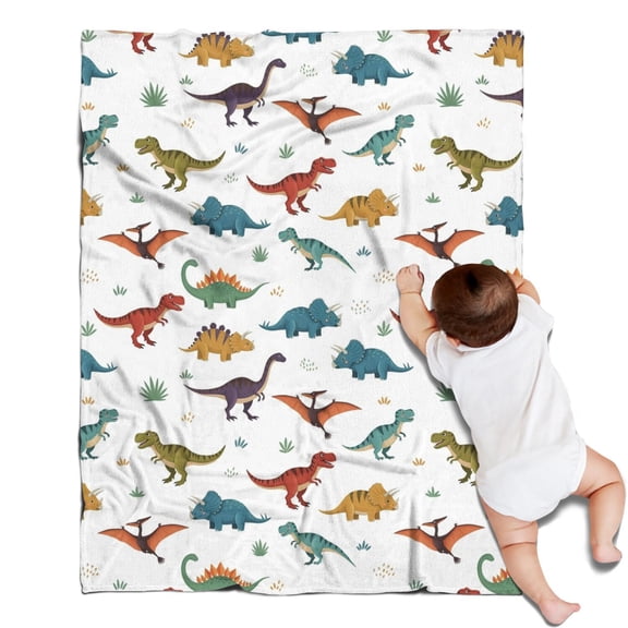 White Dinosaurs Pterosaurs Plants Pattern Blanket,Comfortable Soft Flannel Throw Blanket,All Season,Warm Lightweight Blankets for Sofa Bed Couch Living Room Chair,30"x40"