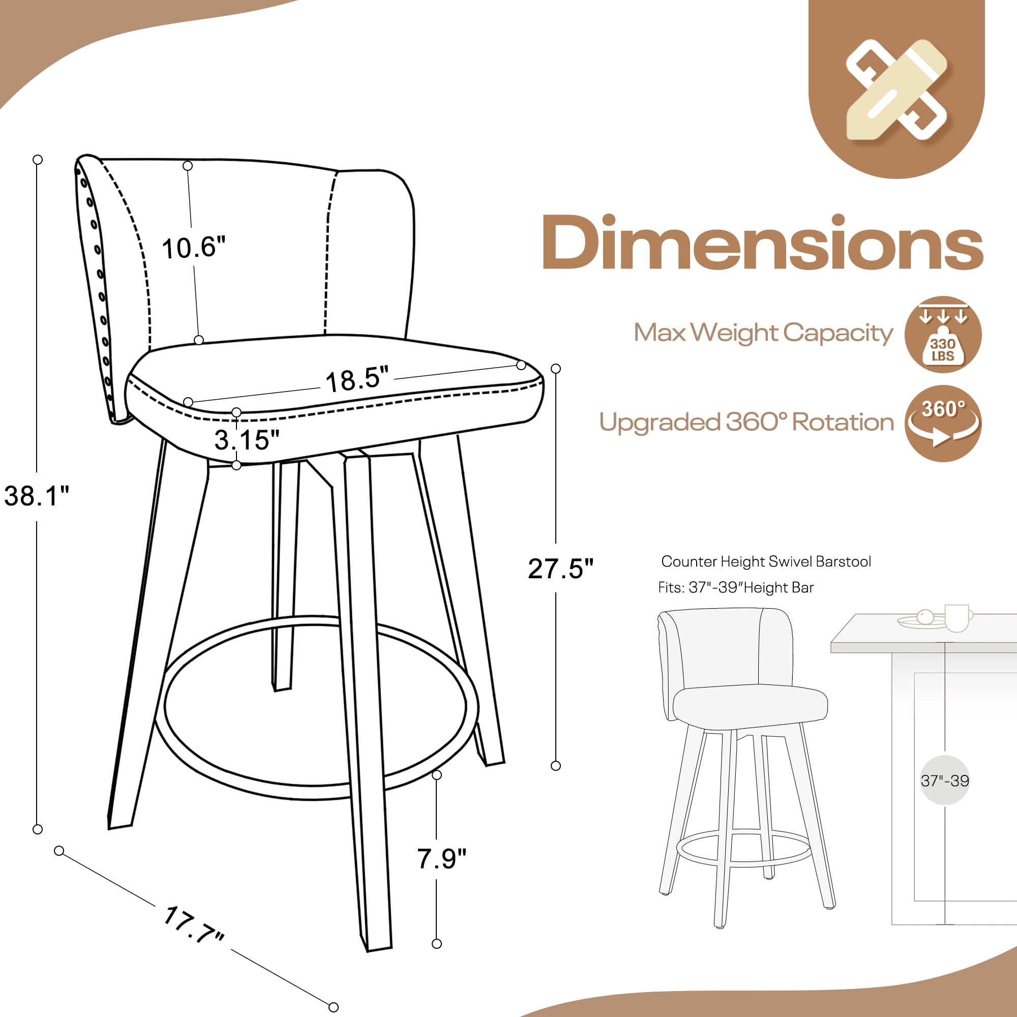 TEWLOSS Counter Height Bar Stools Set of 3, 27.5in Swivel PU Leather Bar Chairs with Curved Back for Kitchen Island, Black