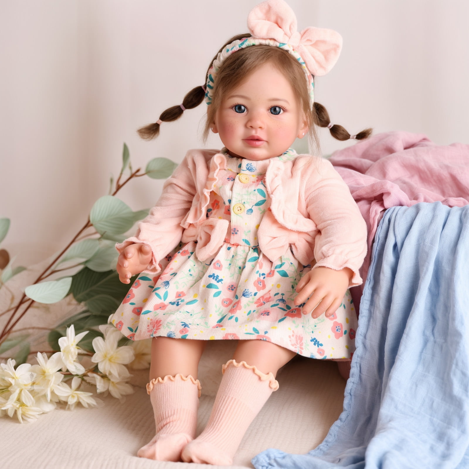 RSG Lifelike Reborn Baby Dolls Candy - 22 InchBaby Doll Brown Hair Girl Handmade Real Life Toddler Dolls with Clothes and Toy Accessories Gift for Kids Age 3+