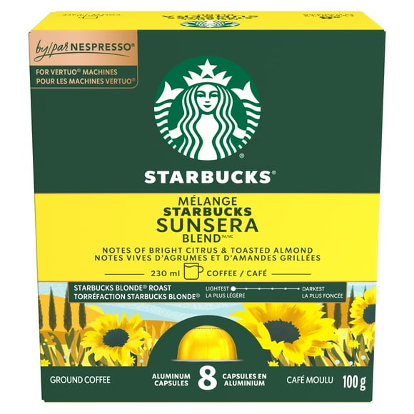 Starbucks SUNSERA BLEND Blonde Roast Coffee Capsules for NESPRESSO VERTUO, Smooth Blend Arabica Coffee, Citrus & Toasted Almond Notes, Recyclable Capsules, 100 g
