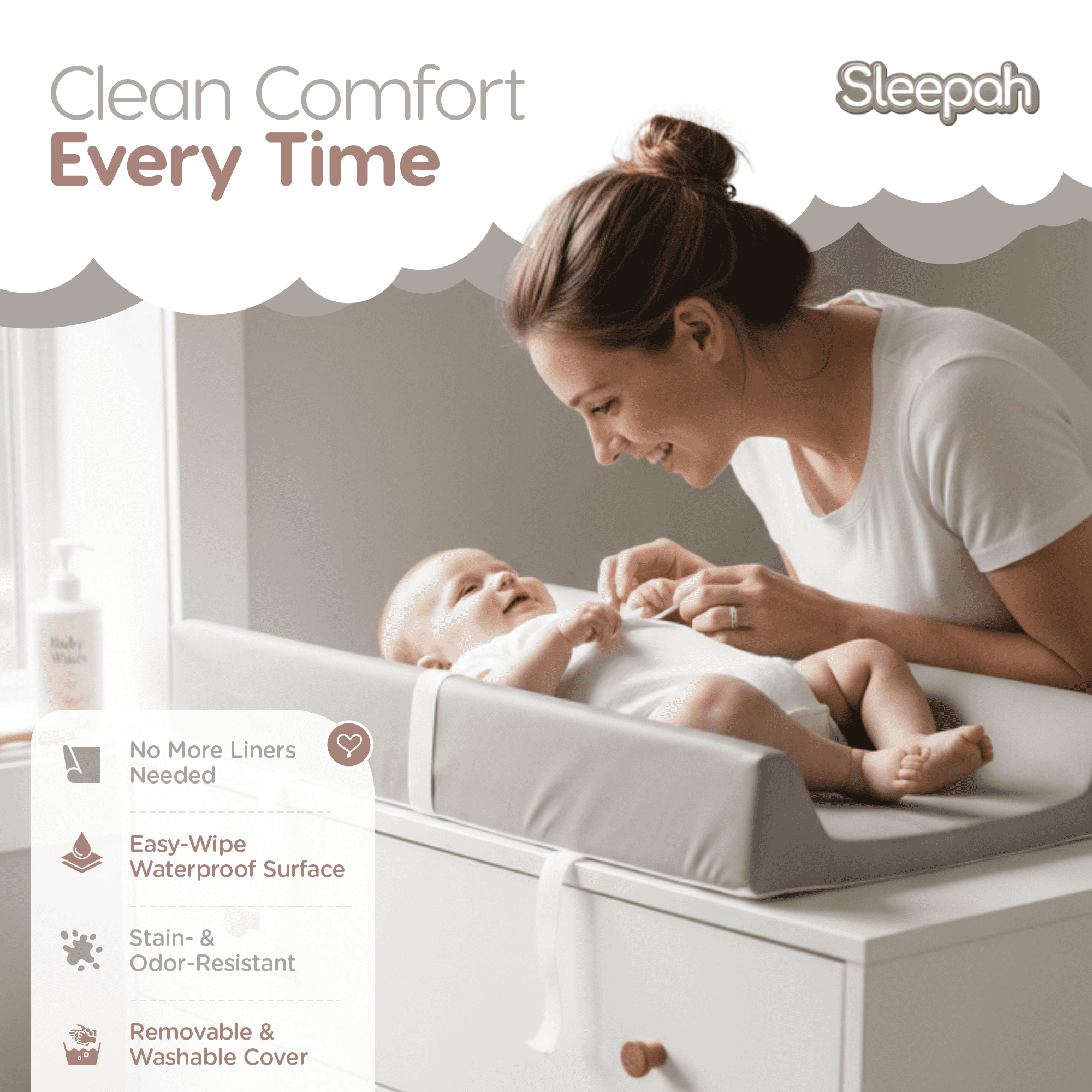 Waterproof Diaper Changing Pad by Sleepah – Vegan Leather – Wipeable Foam Changing Pad for Dresser or Table with Removable, Machine-Washable Cover – Standard Size Diaper Changing Pad – Grey