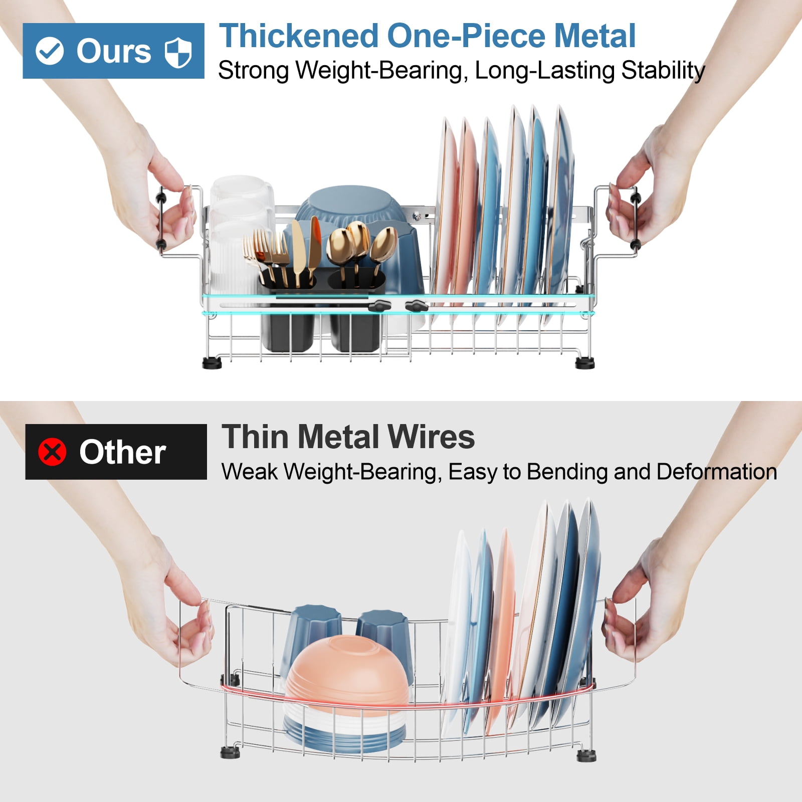 iSPECLE Expandable in Sink Dish Drying Rack - Capacity Adjustable Stainless Steel Over The Sink Dish Drainer with Lock Knob and Utensil Holder for Kitchen Sink, 10.8"~17.9" L x 12.7" W, Silver