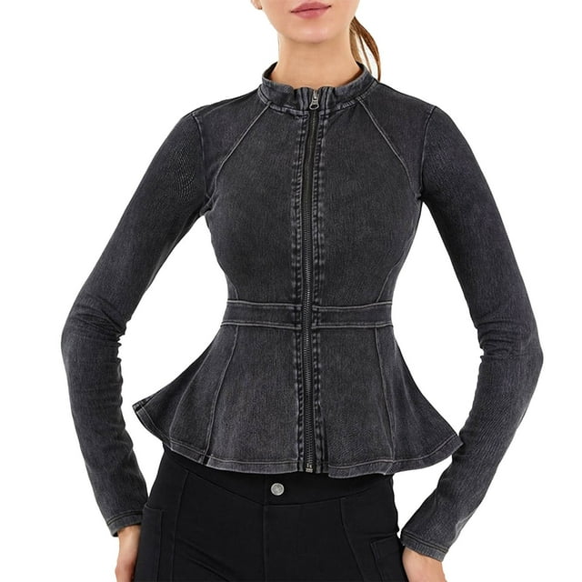 Hvobtty Veste en Denim Décontractée à Manches Longues pour Femmes, Type de Denim avec Col Rond, Manches Longues et Ourlet en Dentelle Uni pour Femmes