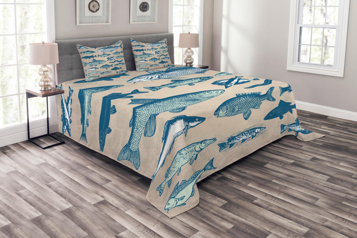 Fish Bedspread Set King Size, Vintage Style Collection of Various