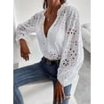 thumbnail image 5 of Women Deep V Neck Eyelet Blouses 3/4 Balloon Sleeve Button Down Hollow Out Fall Shirts White XL, 5 of 9