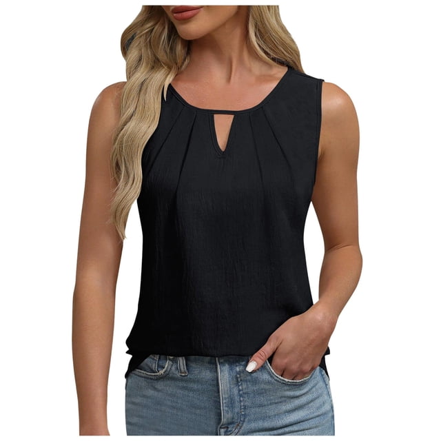 Débardeur d'Été Sans Manches pour Femmes - Chemise de Travail Décontractée, Matériau Polyester, Col Rond Plissé devant, Tenue Habillée Ample 2024