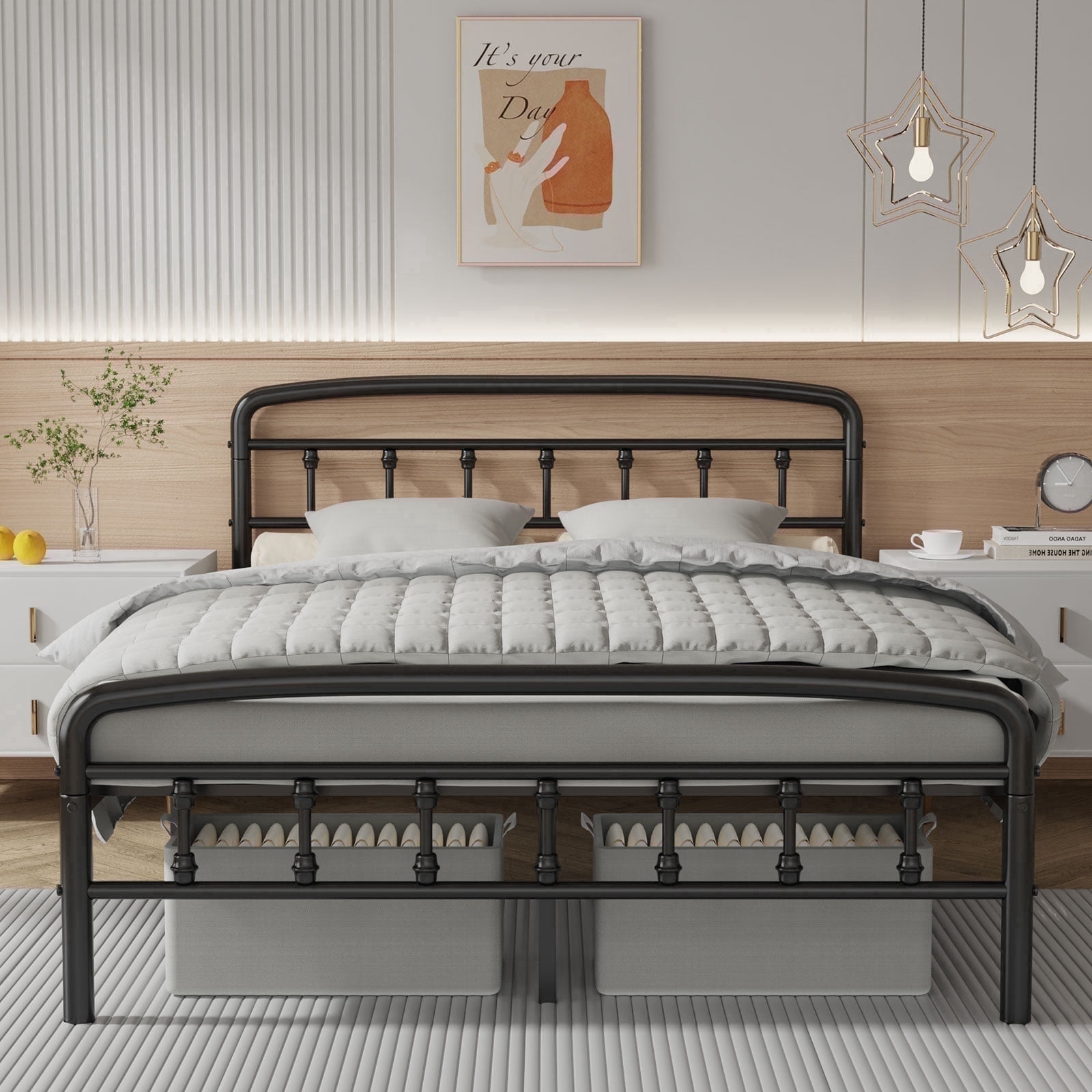 Metal Full Size Bed Frame with Headboard,Victorian Style Headboard and Footboard, No Squeak,Easy 30-Min Tool-Free Assembly, Underbed Storage