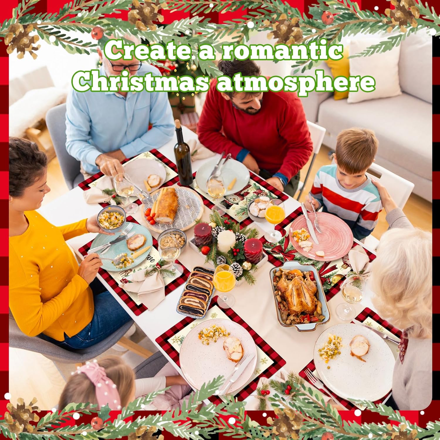 6 Pcs Christmas Watercolor Placemats 12 x 17 Inches Xmas Plastic Placemats Set of 6 Wipeable Table Vinyl Mats for Dining Kitchen Indoor Outdoor Party Holiday Decoration (Let it Snow)