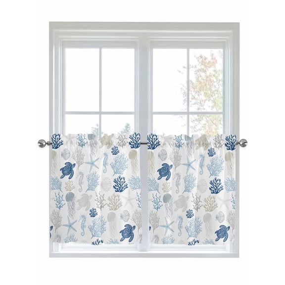 Half Window Curtain 36 Inches Long, Navy Blue Coastal Window Treatment Curtain Drapes, Nautical Summer Beach Coral Sea Turtle Small Tier Curtains for Bathroom Over Sink, 27.5"x36", 2 Panels