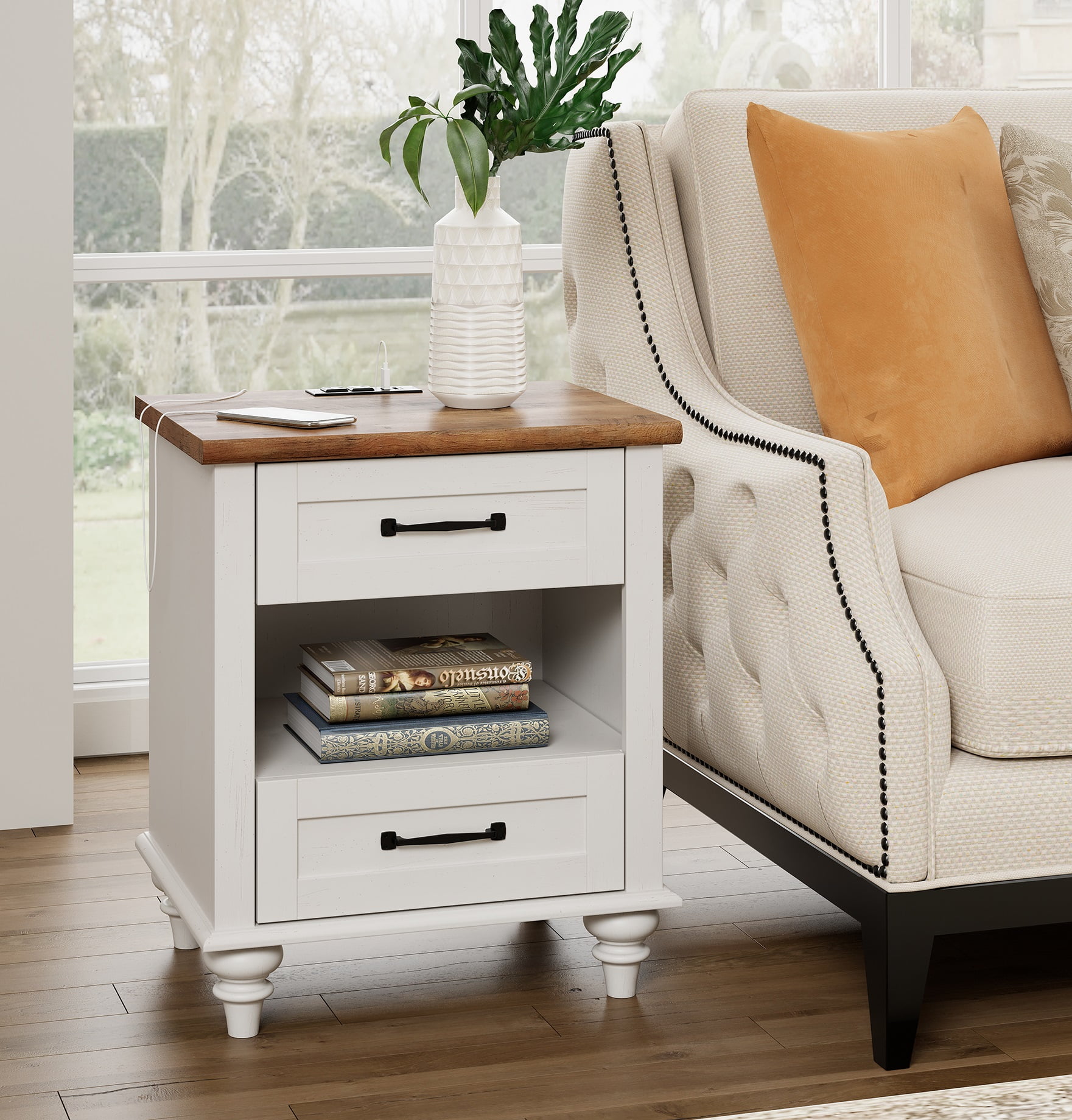 White nightstand with brown top discount