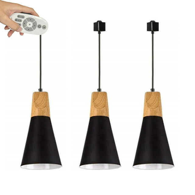 FSLiving J-Style Track Mount Pendant Fixture Scandinavian Style Pendant Lights for Kitchen Hanging Lamp Modern Wood and Aluminium Light Customizable,Black - 3 Lights