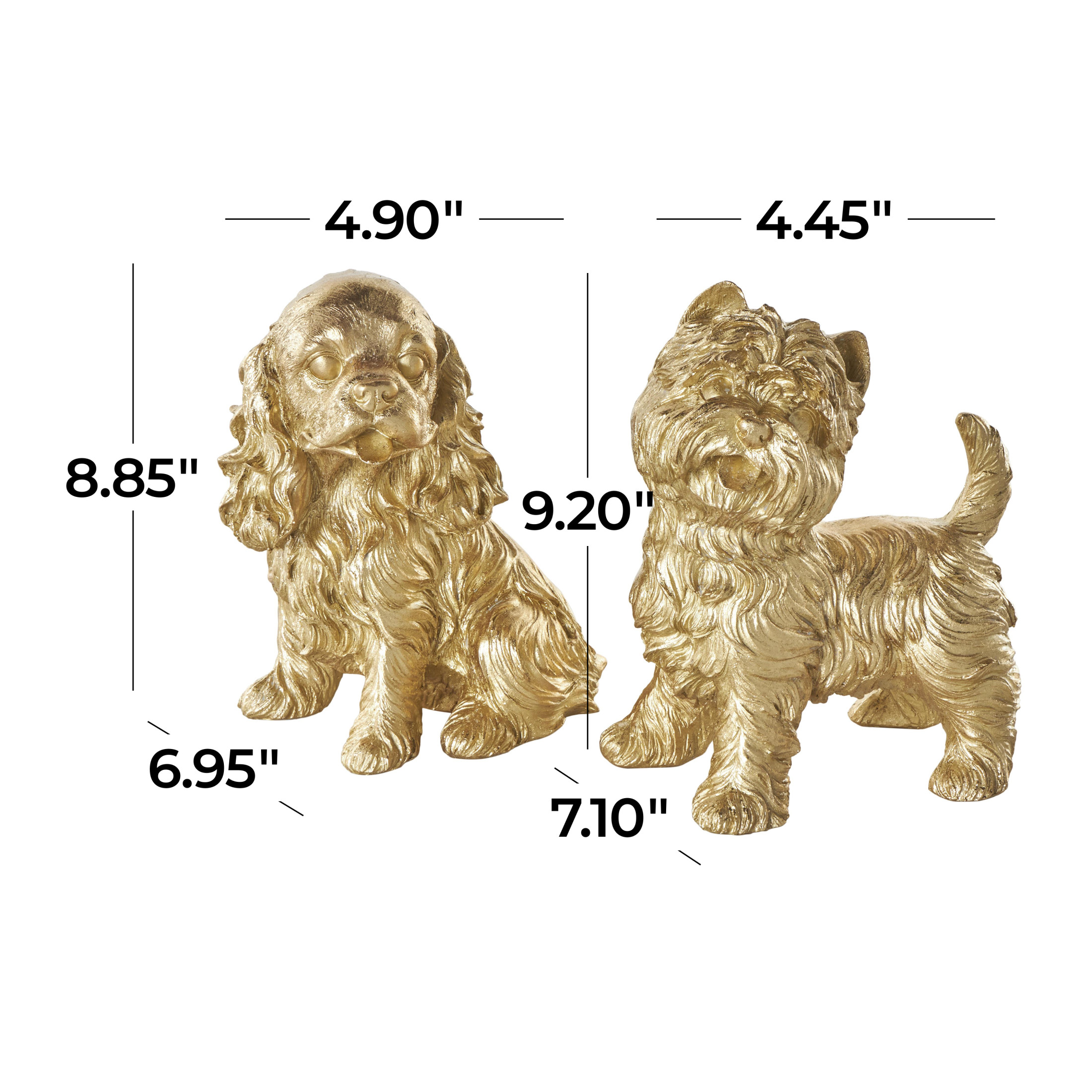 5"W, 9"H Gold Polystone Sitting and Standing Dog Sculpture, by DecMode (2 Count)
