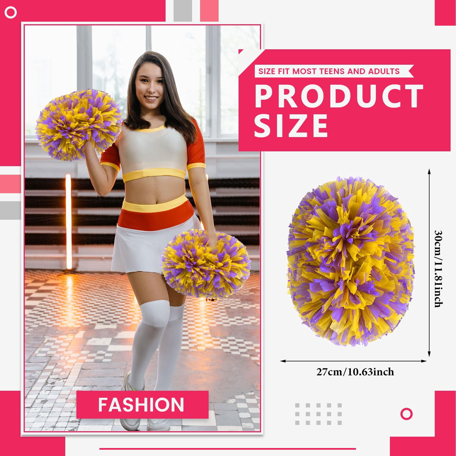 Cheer Pom Poms 12 Pcs with Handle, Cheerleading Handheld Squad Pompoms for Sports Team Cheer Spirit Games Dance Party Adults
