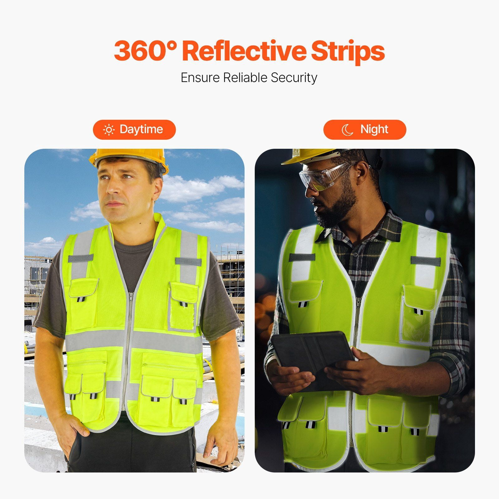 Heavy-Duty Reflective Work Vest with 10 Pockets - ANSI Certified Safety Vest for Men & Women