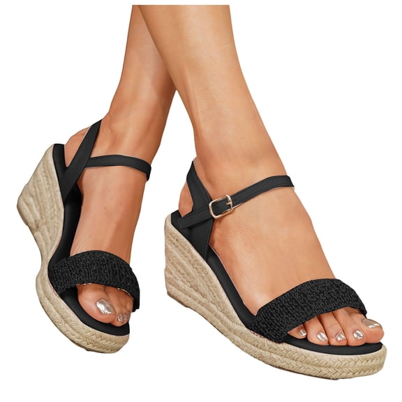 Rokment Sparkly Rhinestones Platform Wedge Dressy Sandals for Women Bride Wedding Beach Summer Casual Lace Open Toe Espadrilles Chunky High Heels Bridal Dress Sandal Black Size 6