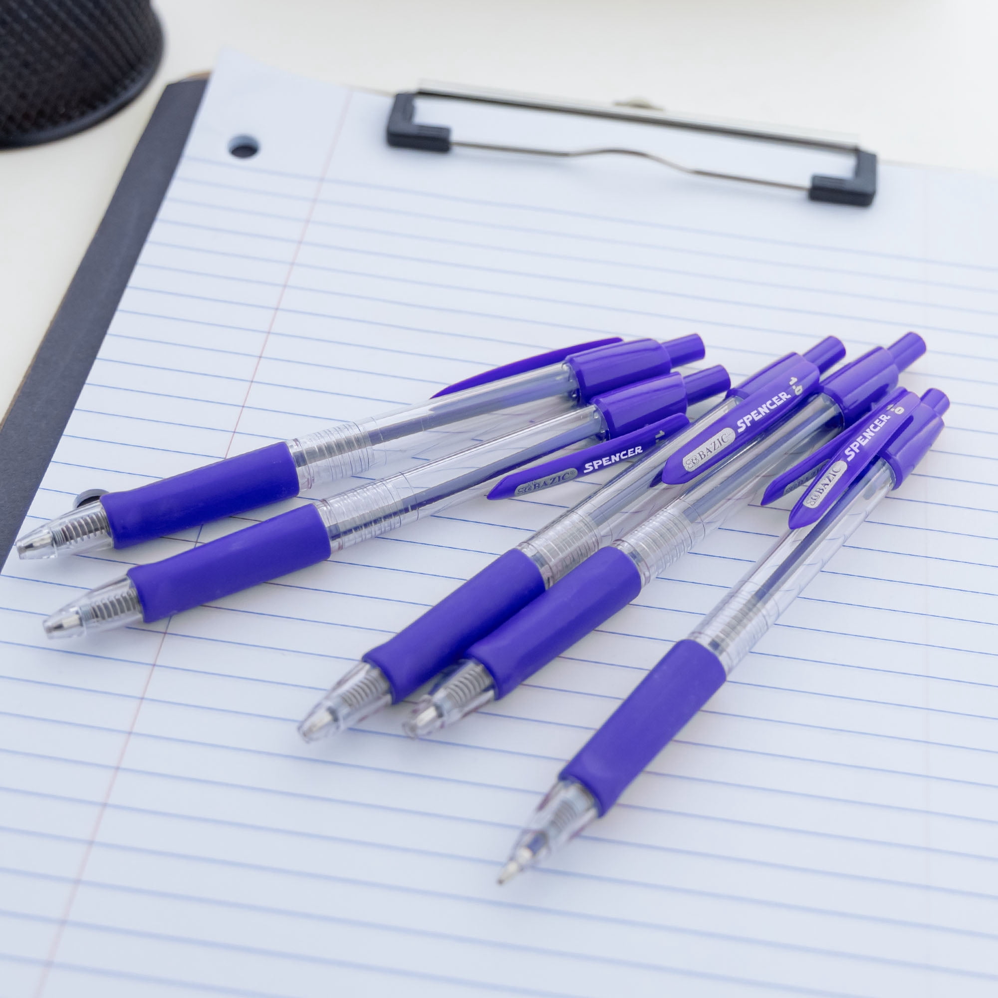 BAZIC Ballpoint Spencer Blue Retractable Pen Soft Grip 1.0 mm, (5/Pack), 24-Pack