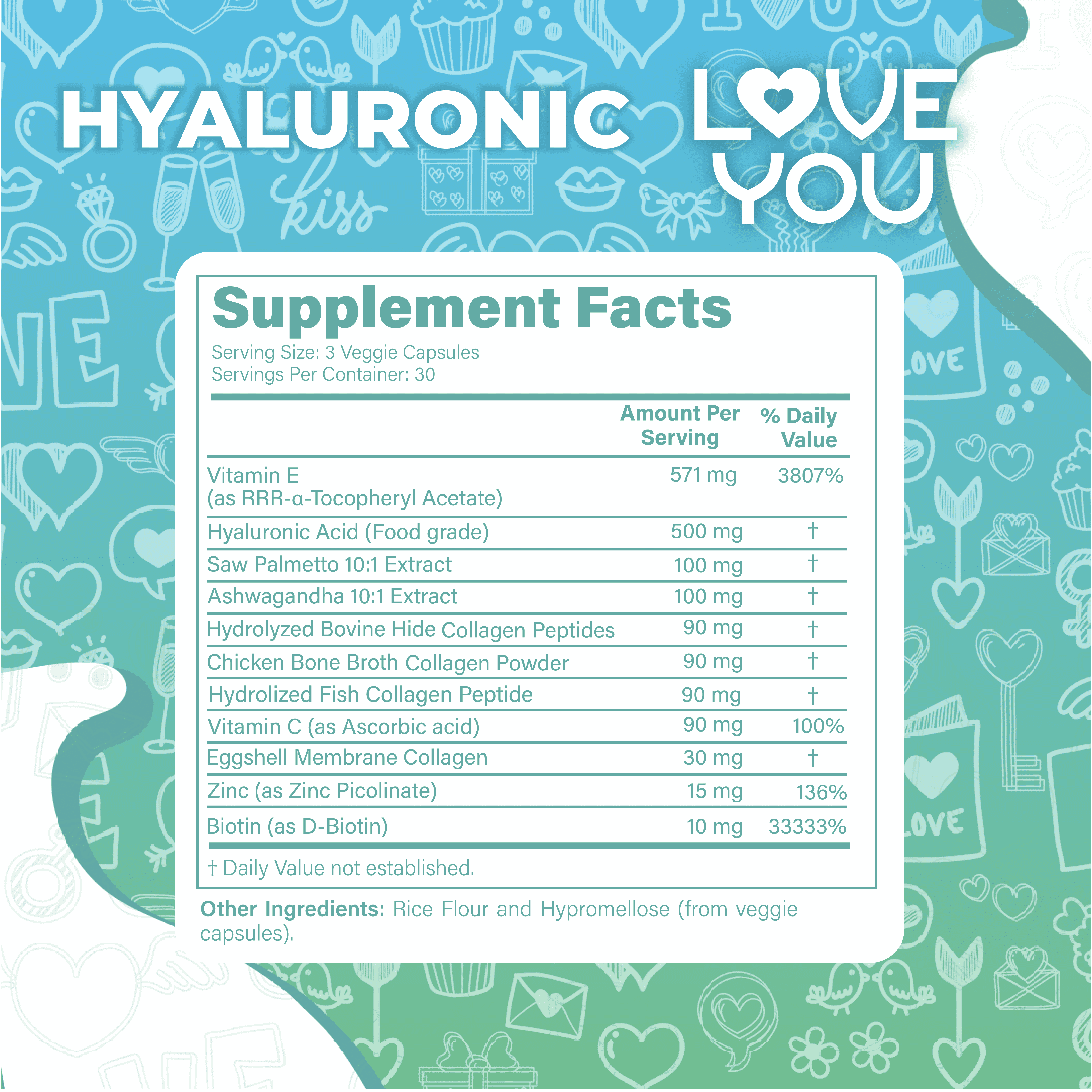 Love You Hyaluronic Acid + Collagen Type I, II, III, V & X + Vitamin C & E + Saw Palmetto + Zinc + Biotin + Ashwagandha |140 Caps | 30 Servings