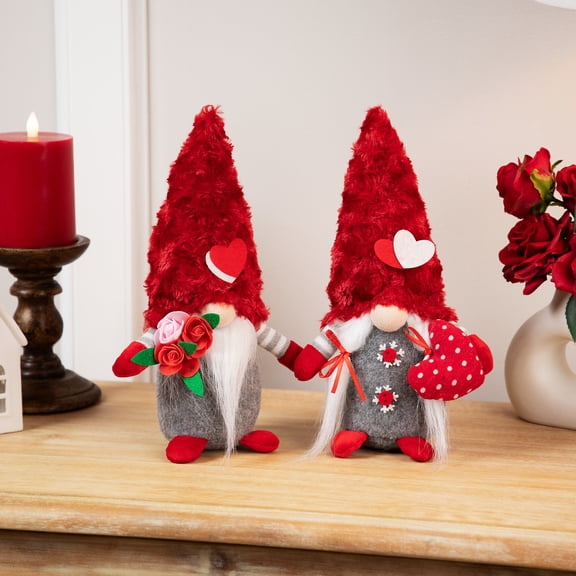 Fuzzy Hat Valentine's Day Gnomes - 11.5" - Red and Gray - Set of 2