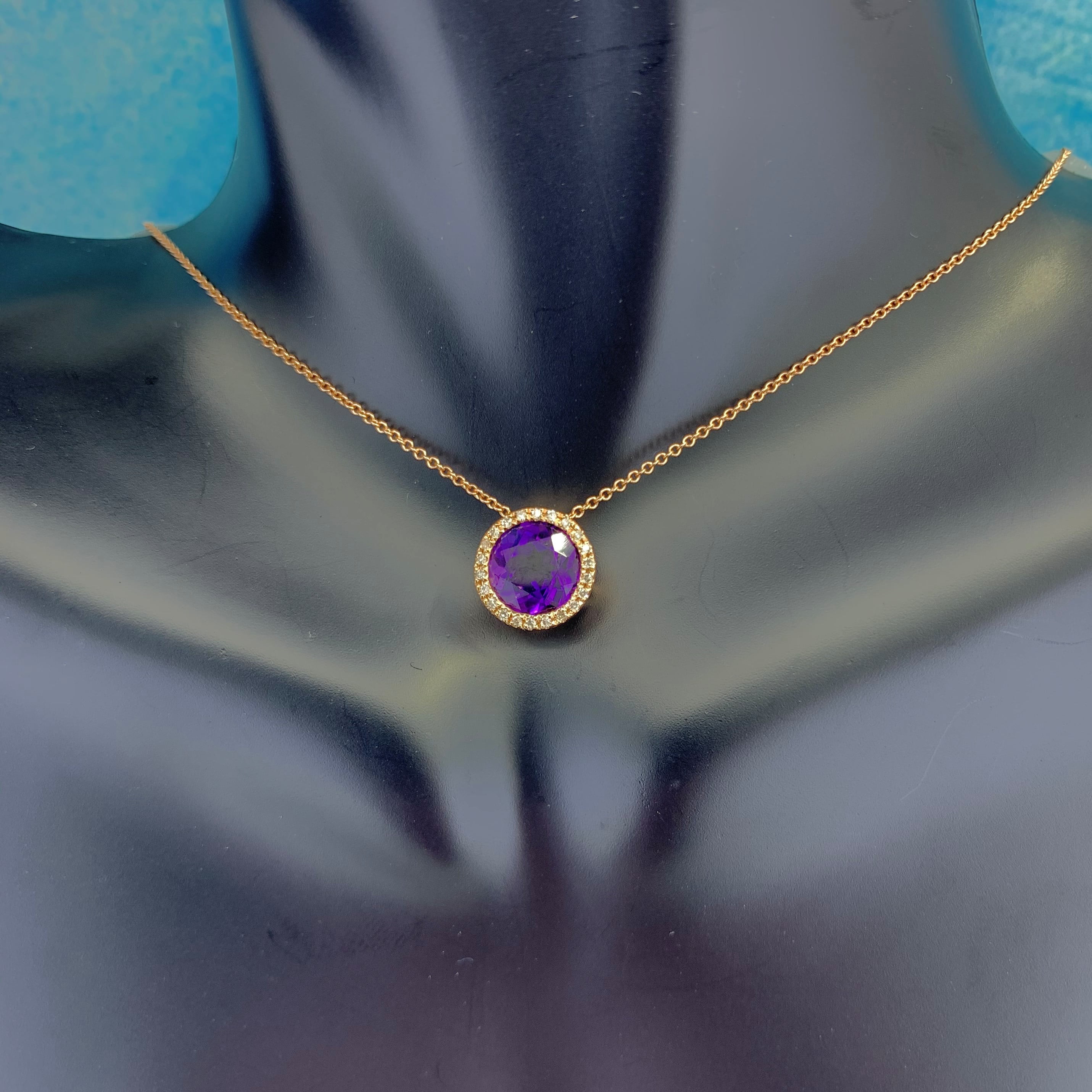 14K Rose Gold Necklace with 1.31-ct Round Purple Amethyst and 0.05-ct White Diamonds