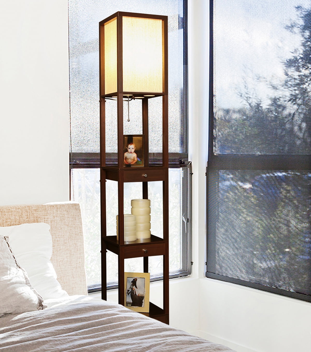 Brightech Maxwell Standing Tower Floor Lamp w/ Shelves and Drawers, Havana Brown