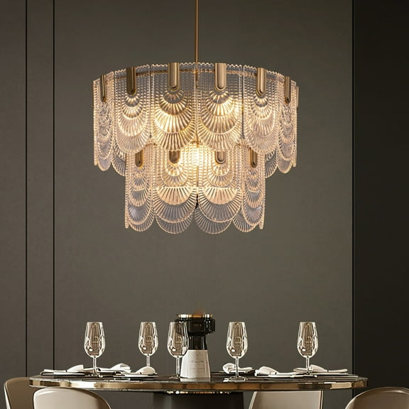 HOOMEDELIER  2-Tier Modern Golden Chandelier Lighting with Glass Shade for Bedroom 9 Lights