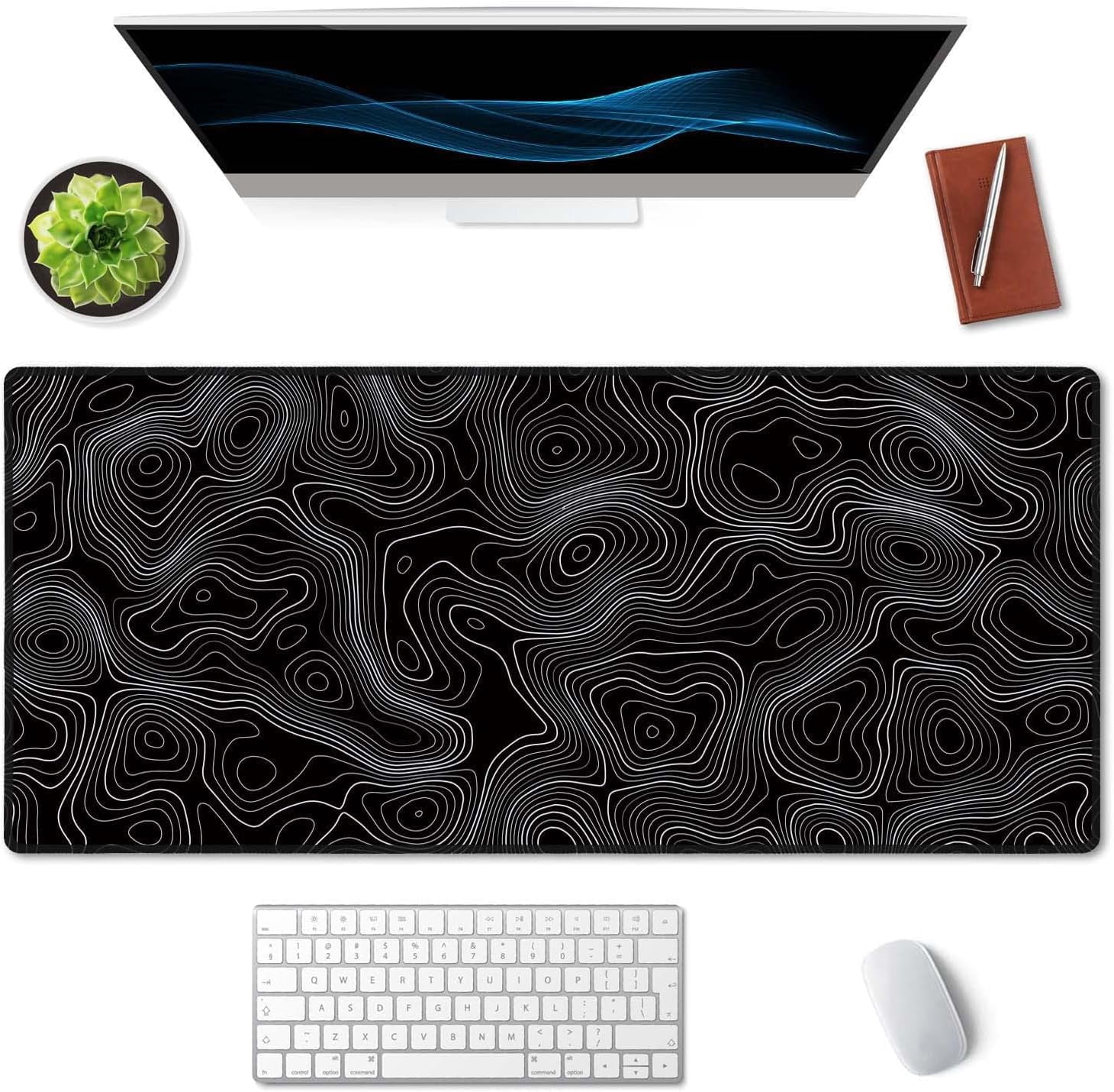 Black Topographic Extended Gaming Mouse Pad XXL ArtSo Large Keyboard Mat Long Mousepad Desk Decor Writing Pad Non Slip Rubber Base Stitched Edges for Work, Game, Office, Home, 35.4" x 15.7"