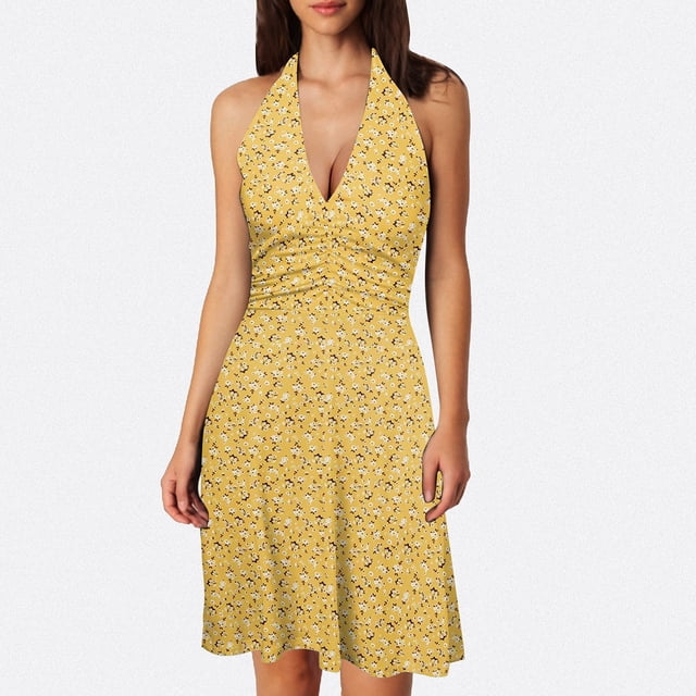WILLBEST Vestidos Casuales para Mujer, sin Mangas, Cuello En V, Primavera, Bohemio, Floral, con Bolsillo, Cintura Elástica, Volantes, Mini Vestidos Extra Grande