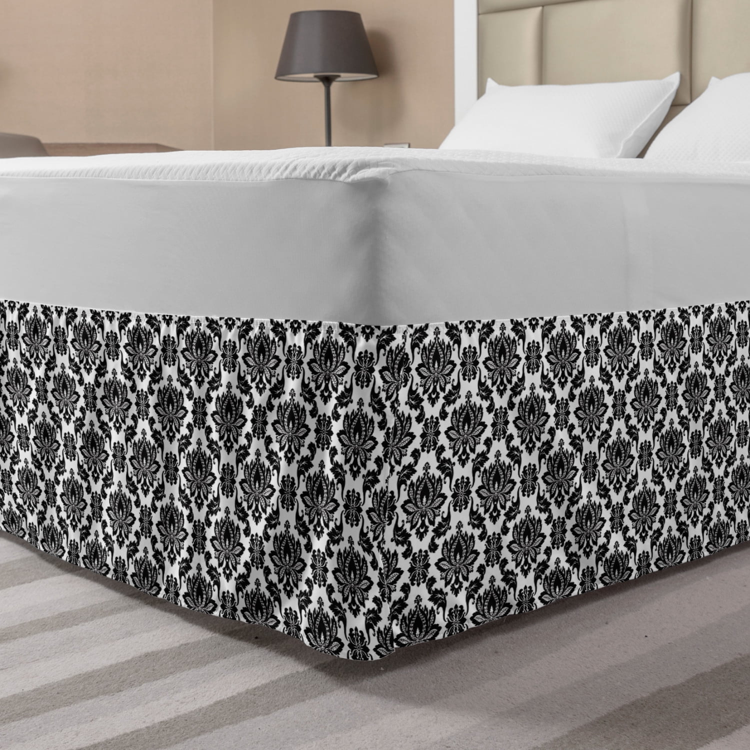 Black and White Bed Skirt, Monochrome Flourishes with Design