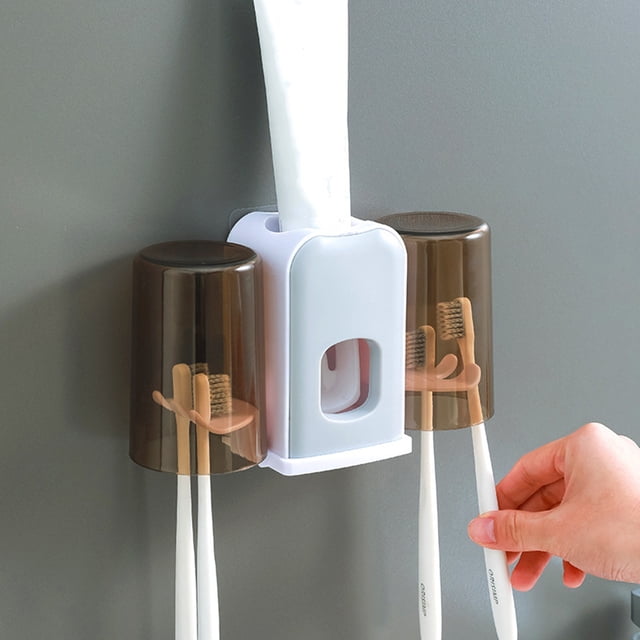 Juego de portacepillos de dientes doble | Estante para pasta de dientes con vaso para enjuague bucal | Organizador de pared de ABS blanco, con respaldo adhesivo antihuellas y diseño de drenaje