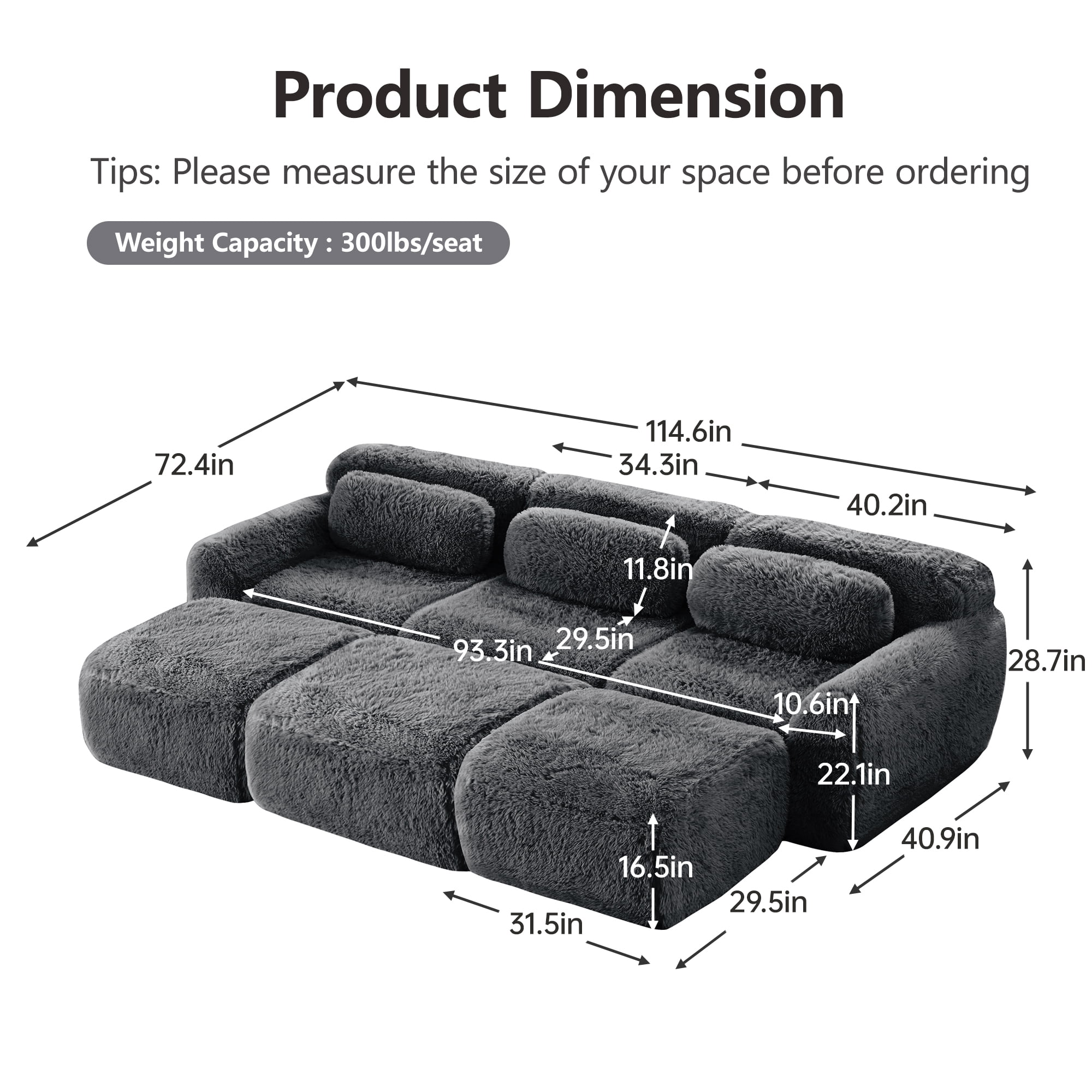 Aukfa 115" Faux Fur Modular Sectional Sofa, 6-Piece Deep Seat Chaise Lounge Couch with 3 Ottomans, Gray