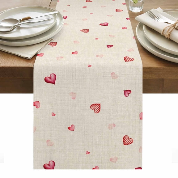 Valentine's Day Table Runner - 60 Inch Long, Kitchen Dining Table Runner Dresser Scarves, Red Love Heart Romantic Beige Burlap Farmhouse Decor for Coffee Tables Wedding Party Banquet