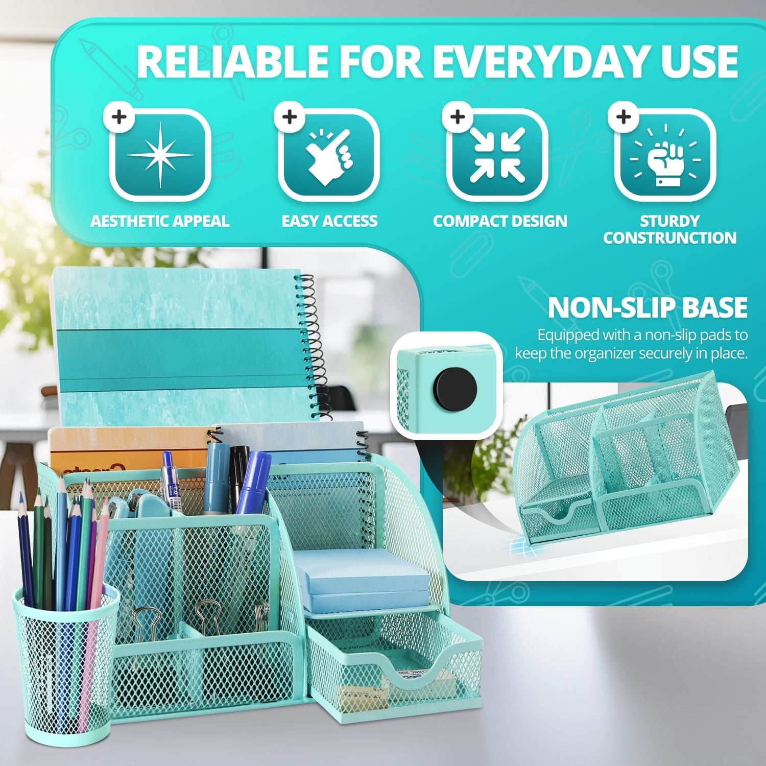 Desk Organizer Office Supplies Accessories Desktop Tabletop Sorter Shelf Pencil Holder Caddy Set - Metal Mesh with Drawer and 6 Compartments (Turquoise Aqua Blue)