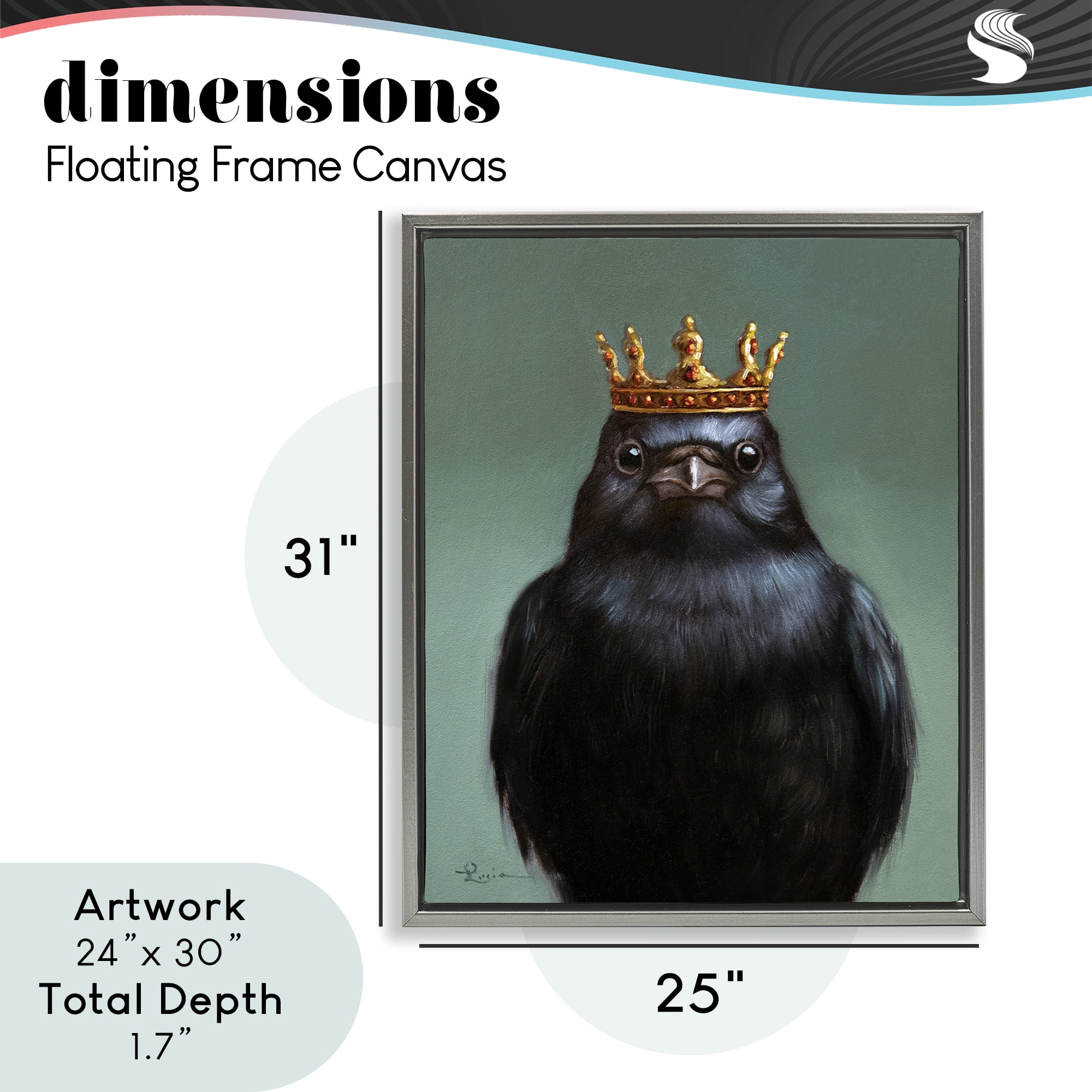 King Crow Portrait Gray Framed Floater Canvas Wall Art, design by Lucia Heffernan